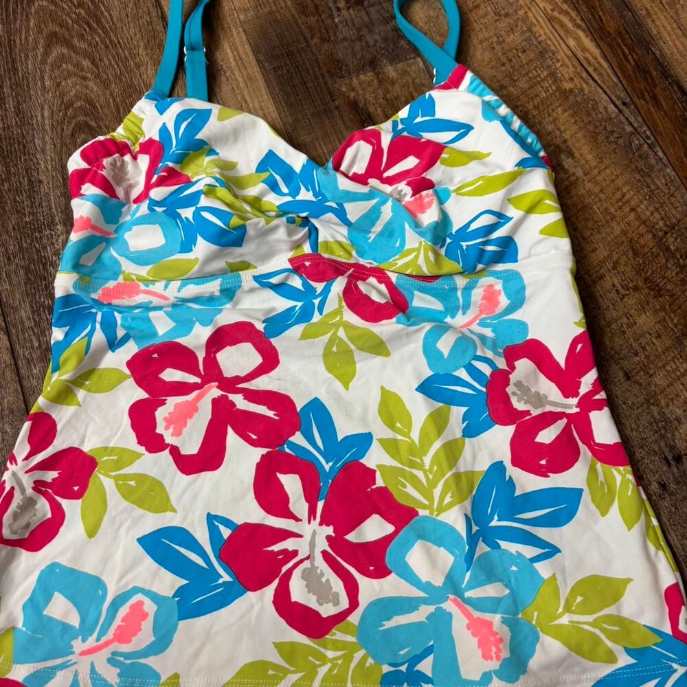 BEACH HOUSE Large Sz 12 Floral Blue Swimwear Women's Pink Blue White Tankini Top